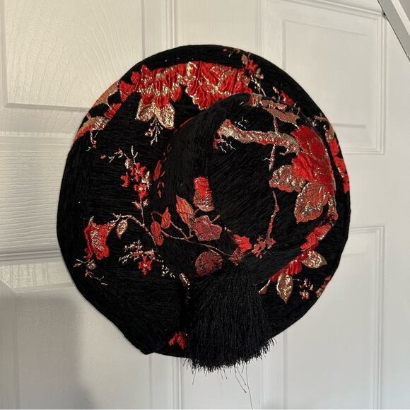 Unique Vintage Hat Black Red floral tassel - Picture 6 of 10